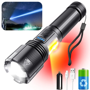 Flashlights USB Rechargeable, Super Bright LED Tactical Flashlight with Cob Sidelight, Emergency Waterproof Powerful Flashlight for Camping, 90000 Lumen, 6 Modes, IPX6, Rechargeable Battery Built-in