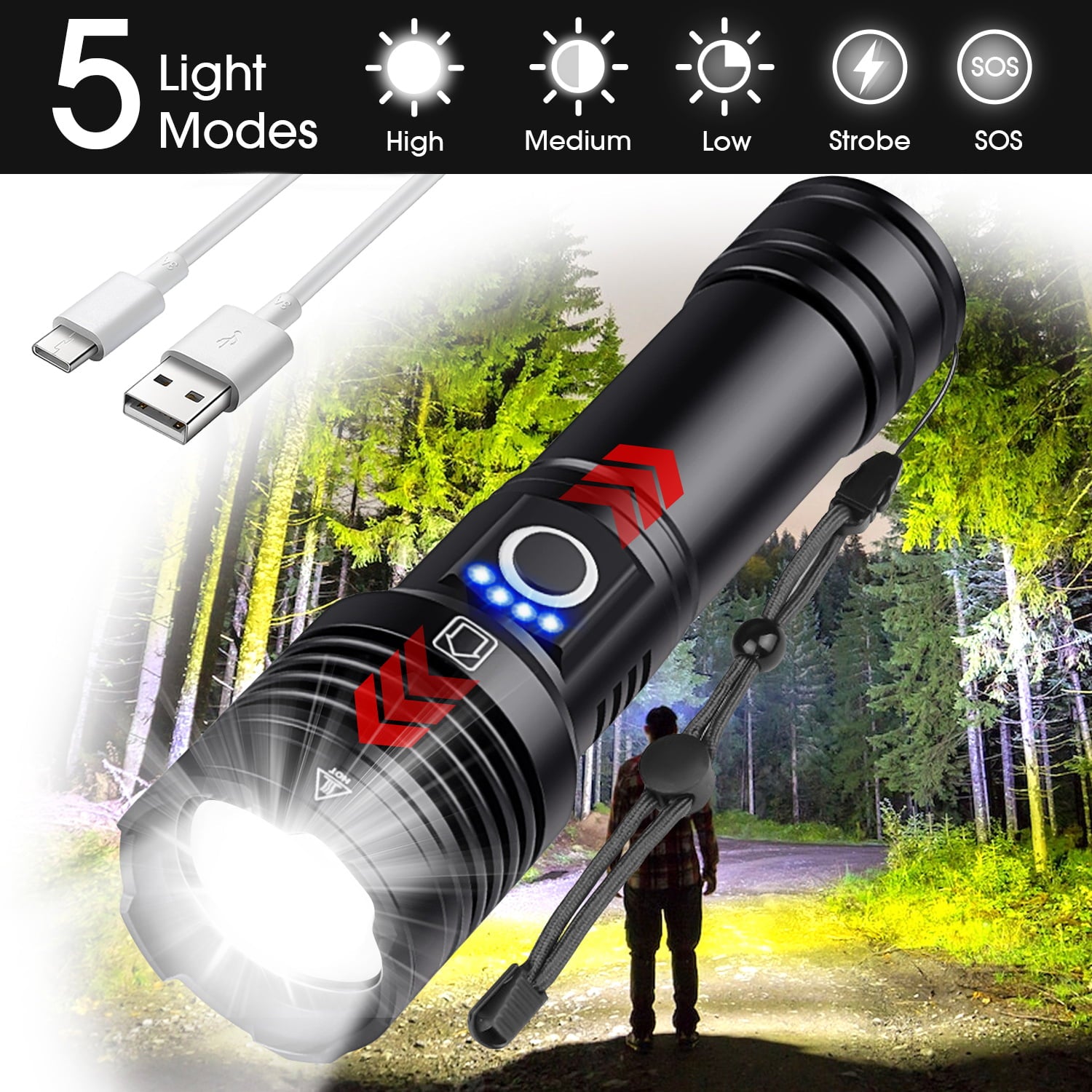 90000 Lumens Powerful Flashlight , Rechargeable Waterproof Searchlight, USB Zoom Torch Super Bright Tactical LED Flashlight for Emergencies, Camping, Hiking Hunting