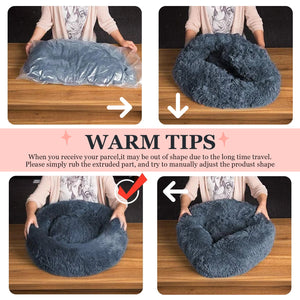 Calming Dog & Cat Bed, Anti-Anxiety Donut Cuddler Warming Cozy Soft Round Bed, Fluffy Faux Fur Plush Cushion bed for Small Medium Dogs and Cats, 24"