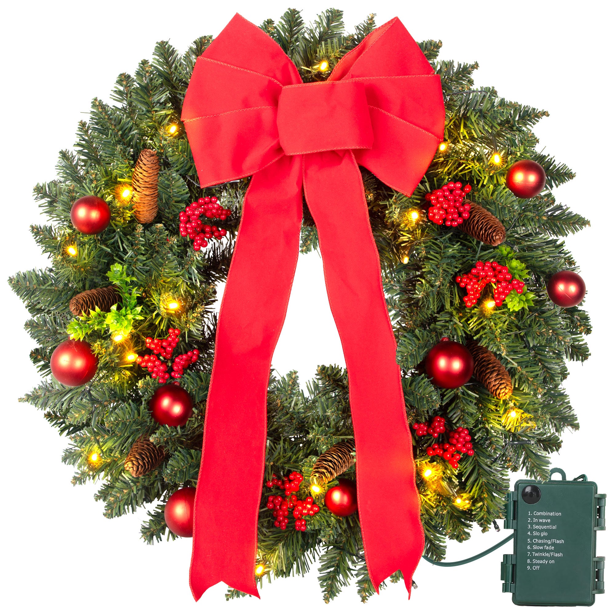 Christmas Wreaths for Front Door, 24 inch Pre-Lit Christmas Wreath with Lights and Timer, Battery Operated, Red Bow, Pine Cone, Golden & Red Berry, Balls Ornaments