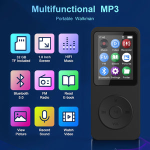 Doosl 32GB MP3 Player, Portable MP3 / MP4 Bluetooth HiFi Music Player, Built-in Speaker MP3 Player for Running FM Radio Voice Recording Pedometer, Metal TFT Screen, Support Up to 128GB, Black