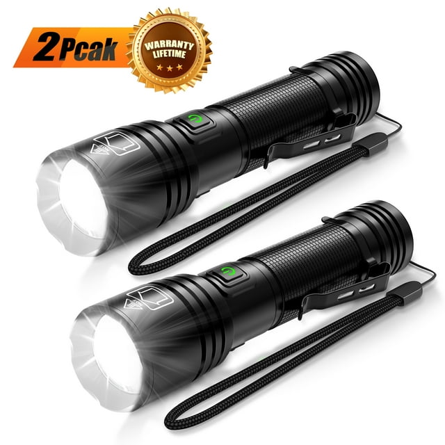 2 Pack 20000 Lumens Compact LED Flashlights, USB Rechargeable Mini Ultra Bright Tactical Zoomable Flashlight for Hiking Camping Outdoor Emergency, Included Battery