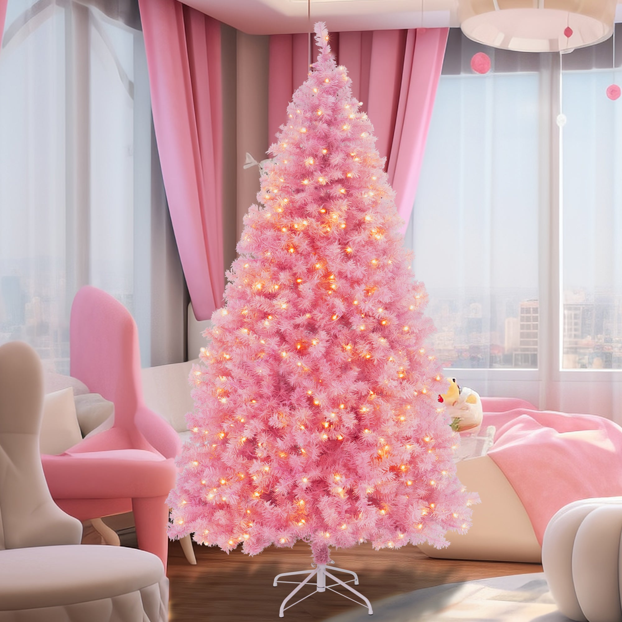 7.5FT Premium Artificial Pre-Lit Christmas Tree, Full Xmas Tree with 1300 Branch Tips 300 LEDs for Holiday Home Indoor Outdoor Decoration, Pink