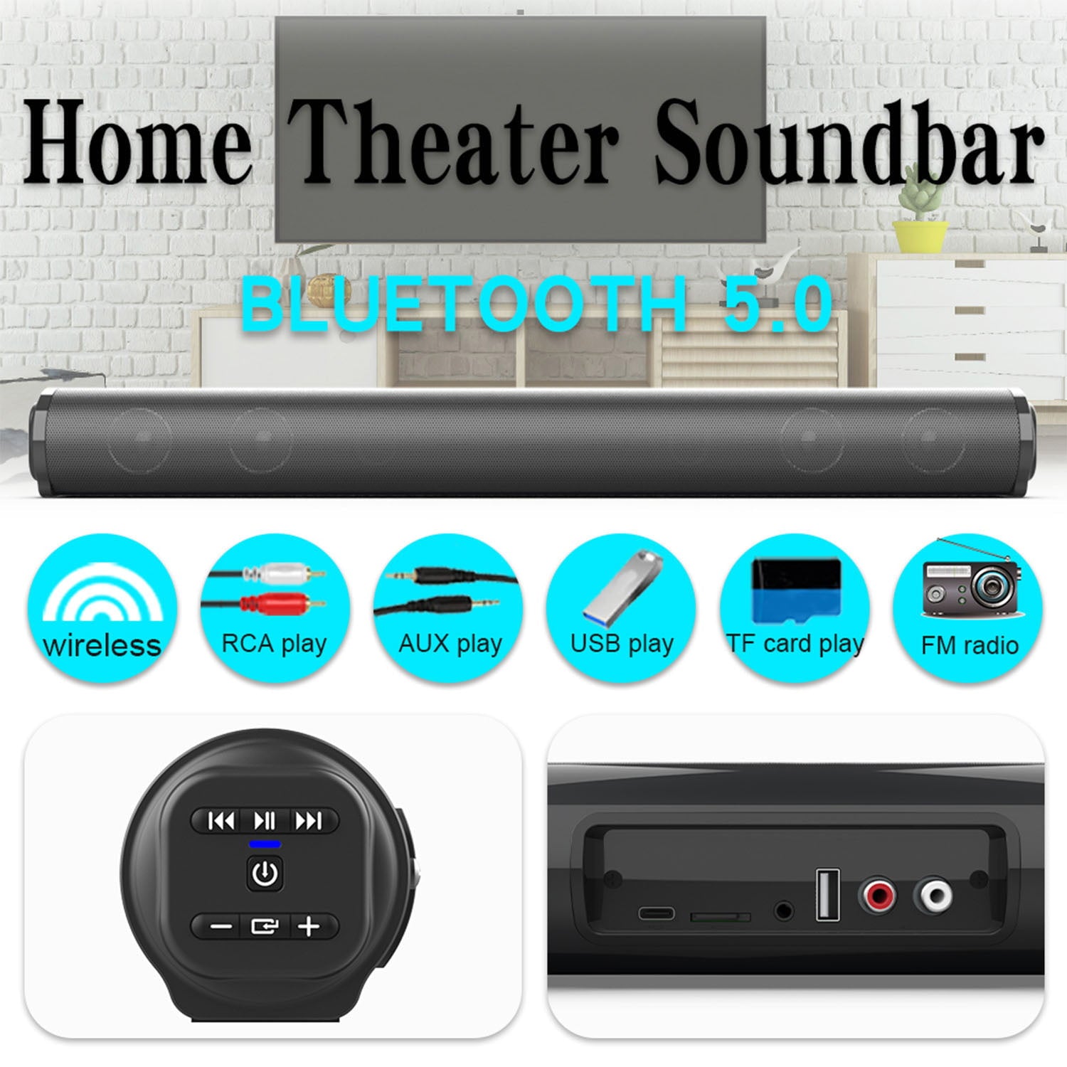 vinsic Sound Bar for TV, 23 in Soundbar Built in Subwoofer with HDMI USB RCA AUX COAX Connection TV Speaker for Home Theater, Wall Mountable, Black
