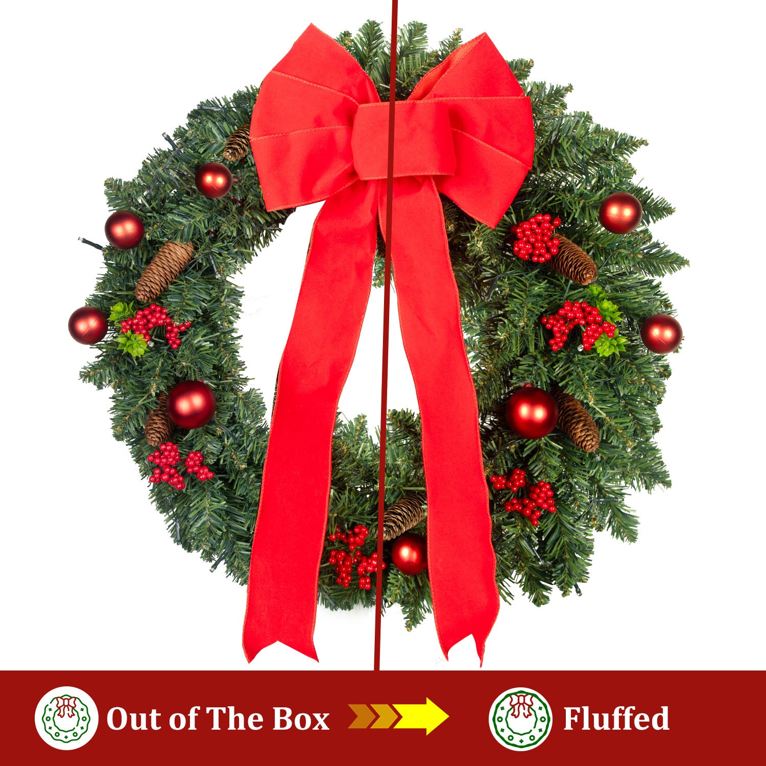 Christmas Wreaths for Front Door, 24 inch Pre-Lit Christmas Wreath with Lights and Timer, Battery Operated, Red Bow, Pine Cone, Golden & Red Berry, Balls Ornaments