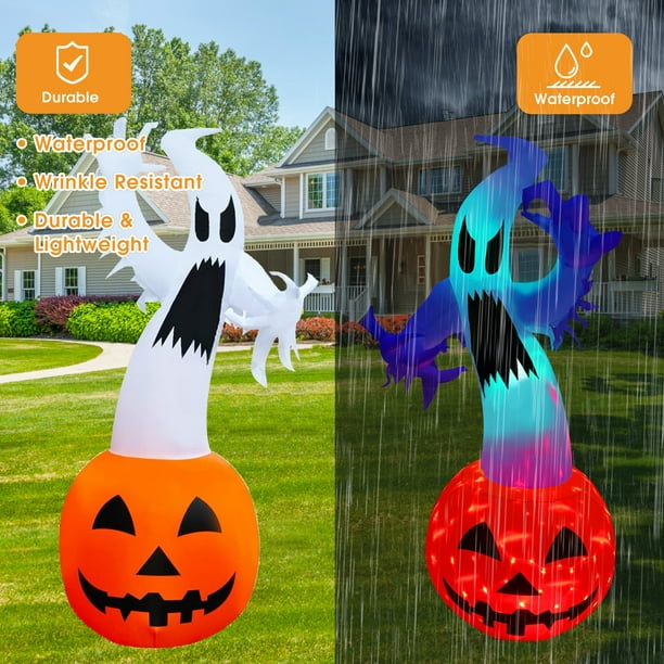 6FT Halloween Inflatables Outdoor Decoration, White Ghost, Pumpkin, Blow Up Yard Decoration with LED Lights