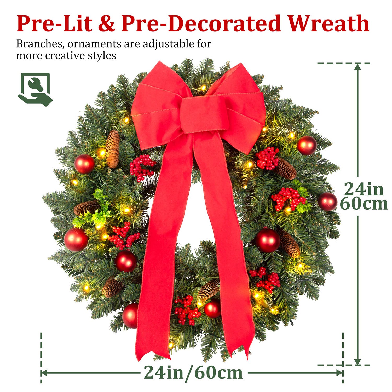 Christmas Wreaths for Front Door, 24 inch Pre-Lit Christmas Wreath with Lights and Timer, Battery Operated, Red Bow, Pine Cone, Golden & Red Berry, Balls Ornaments