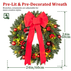 Christmas Wreaths for Front Door, 24 inch Pre-Lit Christmas Wreath with Lights and Timer, Battery Operated, Red Bow, Pine Cone, Golden & Red Berry, Balls Ornaments