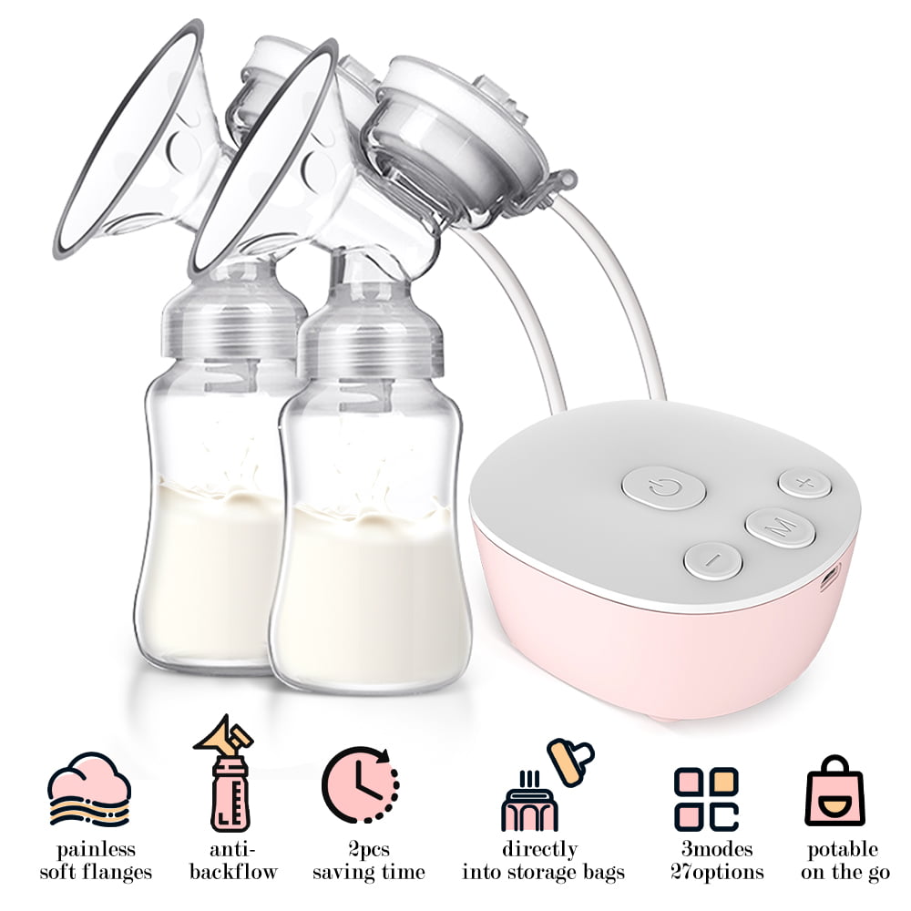 Double Electric Breast Pump, Portable Dual Breastfeeding Milk Pump with Milk Collect Function Pain-Free Massage Strong Suction Power 3 Modes 9 Levels, Pink