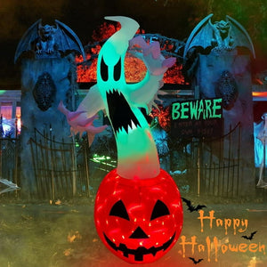 6FT Halloween Inflatables Outdoor Decoration, White Ghost, Pumpkin, Blow Up Yard Decoration with LED Lights