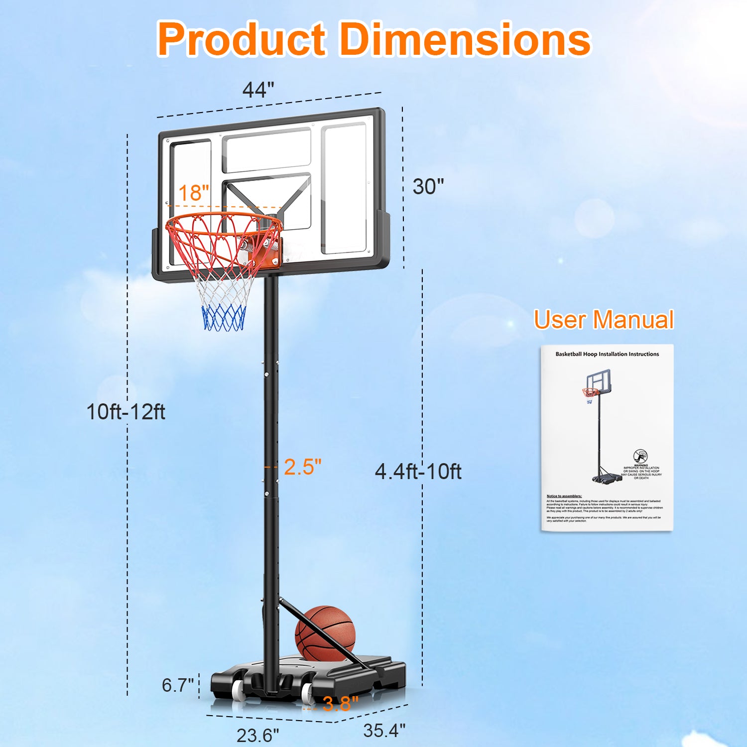 iFanze 44" Portable Basketball Hoop System, 4.4-10 ft Height Adjustable Basketball Goal System with Wheels and Shatterproof Backboard and Large Base for Adults Kids Outdoor Indoor Court