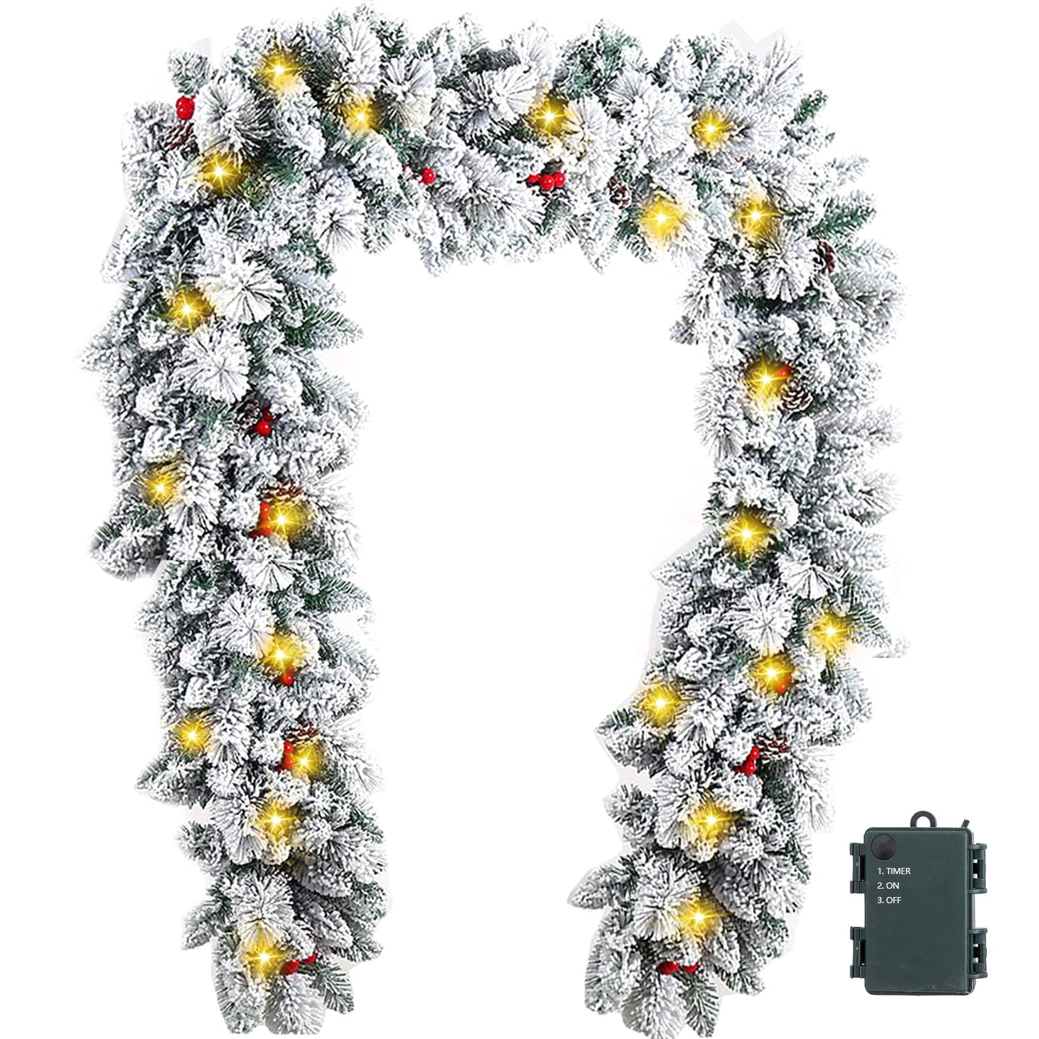 Melliful 9 ft Pre-Lit Christmas Garland, Melliful Decorated Garland with Lights Battery, Pine Mantle Garland for Outdoor Indoor Fireplace Mantel Door Railing Christmas Tree Xmas Holiday