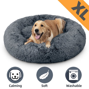 iFanze 39" Donut Dog Bed for Large Dogs, Fluffy Calming Round Dog Cuddler Bed, Soft Washable Dog and Cat Cushion Bed, Dark Gray