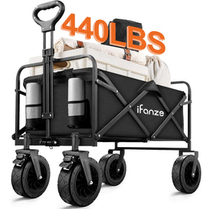 Ifanze Large Collapsible Folding Wagon, 440 lbs Heavy Duty Big Bucket Utility Garden Cart with Oversized Wheels for Sports, Shopping, Camping, Black