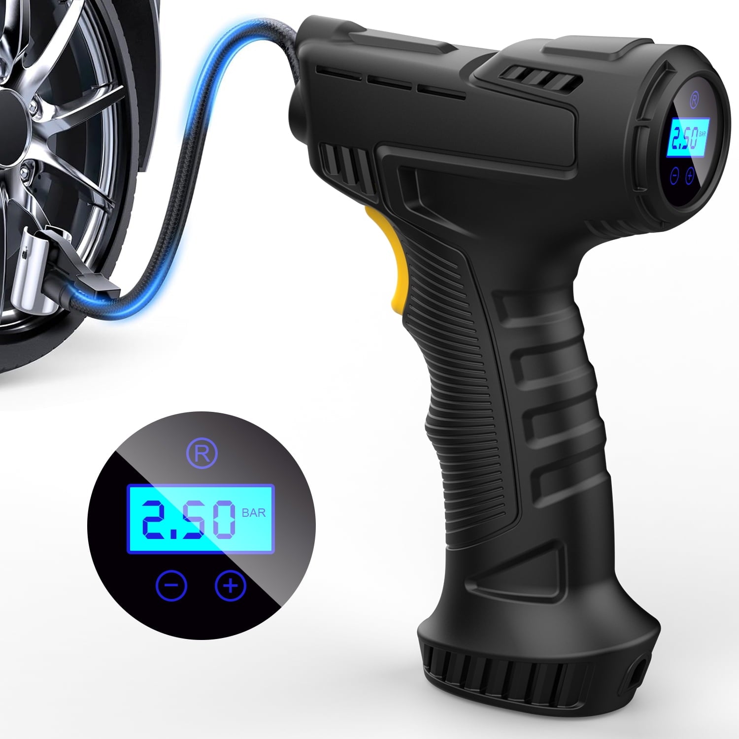Portable air Compressor for Car Tires, 12V DC tire inflator Pump with Digital Pressure Gauge, 150 PSI with Emergency LED Flashlight for Car, Bicycles, Balloons and Other Inflatables