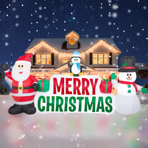 Melliful 10ft Long Christmas Inflatables, Lighted Merry Christmas Sign with Santa Claus, Snowman, and Penguin, Giant Blow Up Outdoor Christmas Lawn Yard Decoration