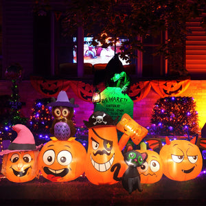 Melliful 8 Ft Long Halloween Inflatable, Pumpkin Family Inflatable Blow Up LED Lights with Black Cats Penguin Outdoor Indoor Holiday Decorations, Blow up for Yard Garden Home Halloween Decor, Orange