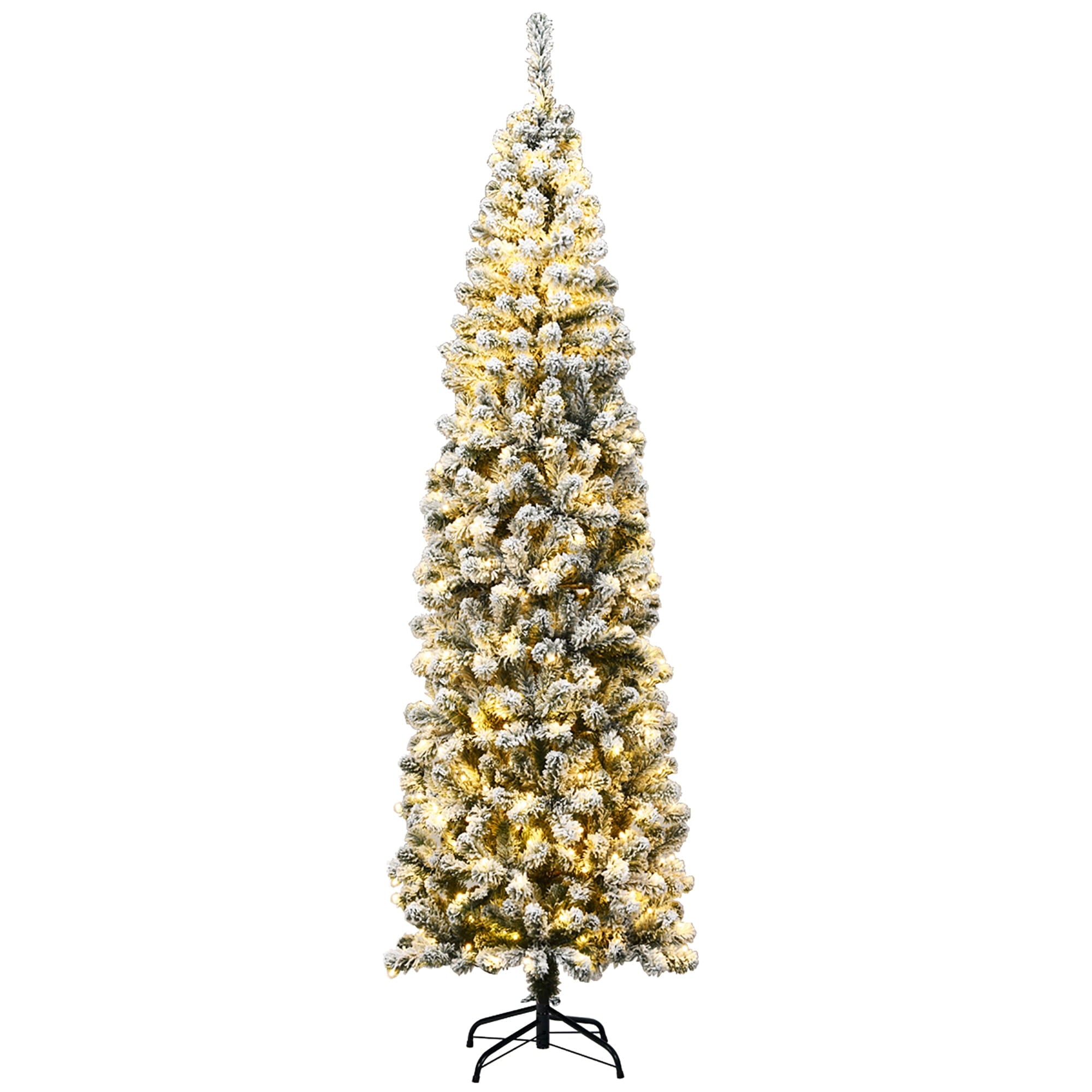 Melliful 7.5Ft Pre-lit Snow Flocked Artificial Pencil Christmas Tree, with 1000 Branch Tips and 200 LED Lights Holiday Home Xmas Decoration，Metal Base Stand,White