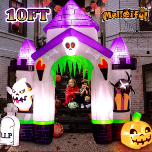 Melliful 10 ft Halloween Inflatables Archway , Castle Archway with Pumpkins Spider Ghosts Cauldron Red Torch with LED Lights,Creepy Ghost Blow up for Yard Garden Home Halloween Family Party Decor