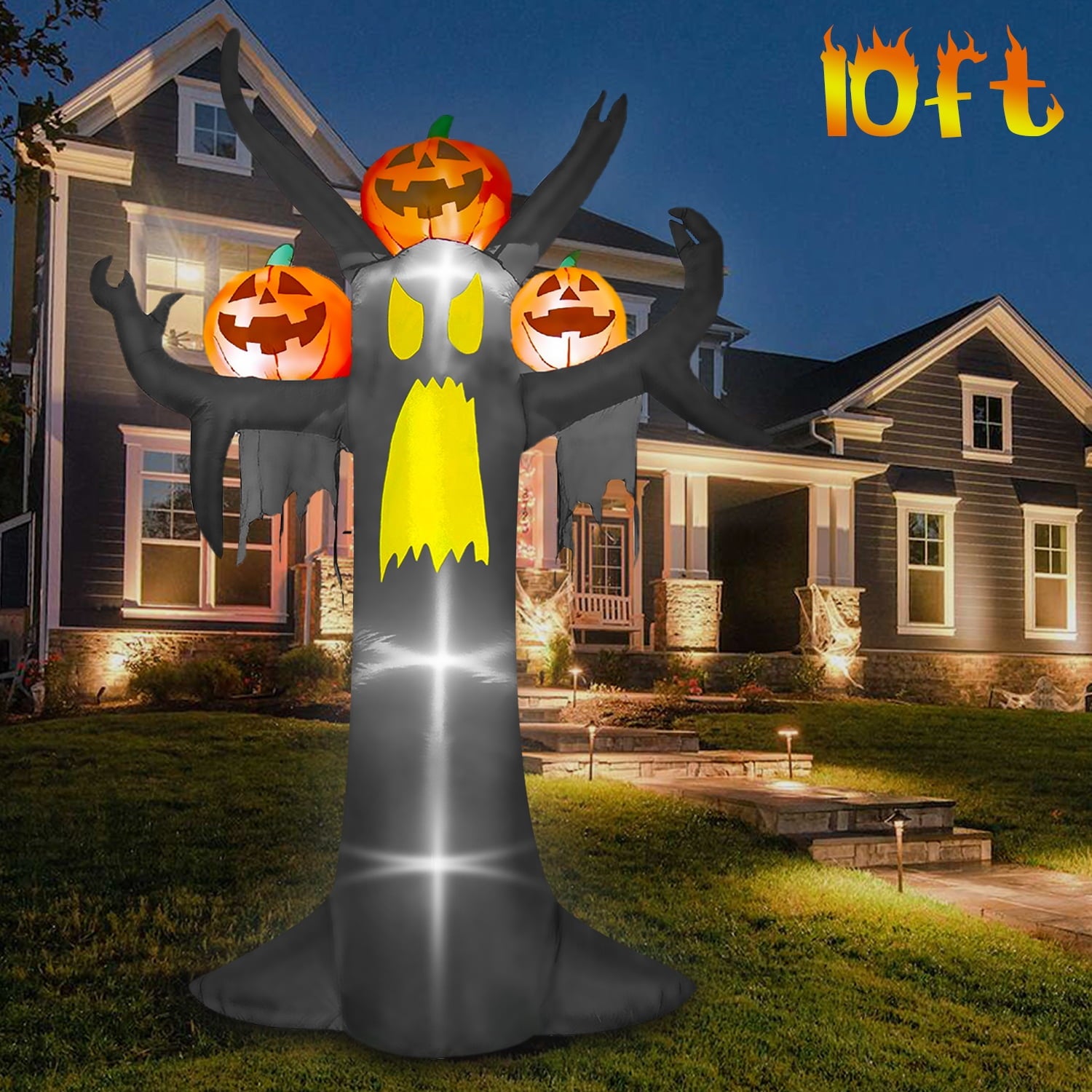 10ft Halloween Inflatables Ghost Tree with Pumpkins, Melliful Halloween Blow-up Yard Decorations Built-in LED Lights