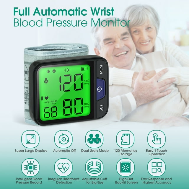 Blood Pressure Monitor, Professional Wireless Automatic Wrist Blood Pressure Cuffs Health Monitors, Portable BP Heart Rate Monitor with LCD Backlit Display, for Home Travel Useeart Rate Monitor with LCD Backlit Display, for Home Office Travel Use