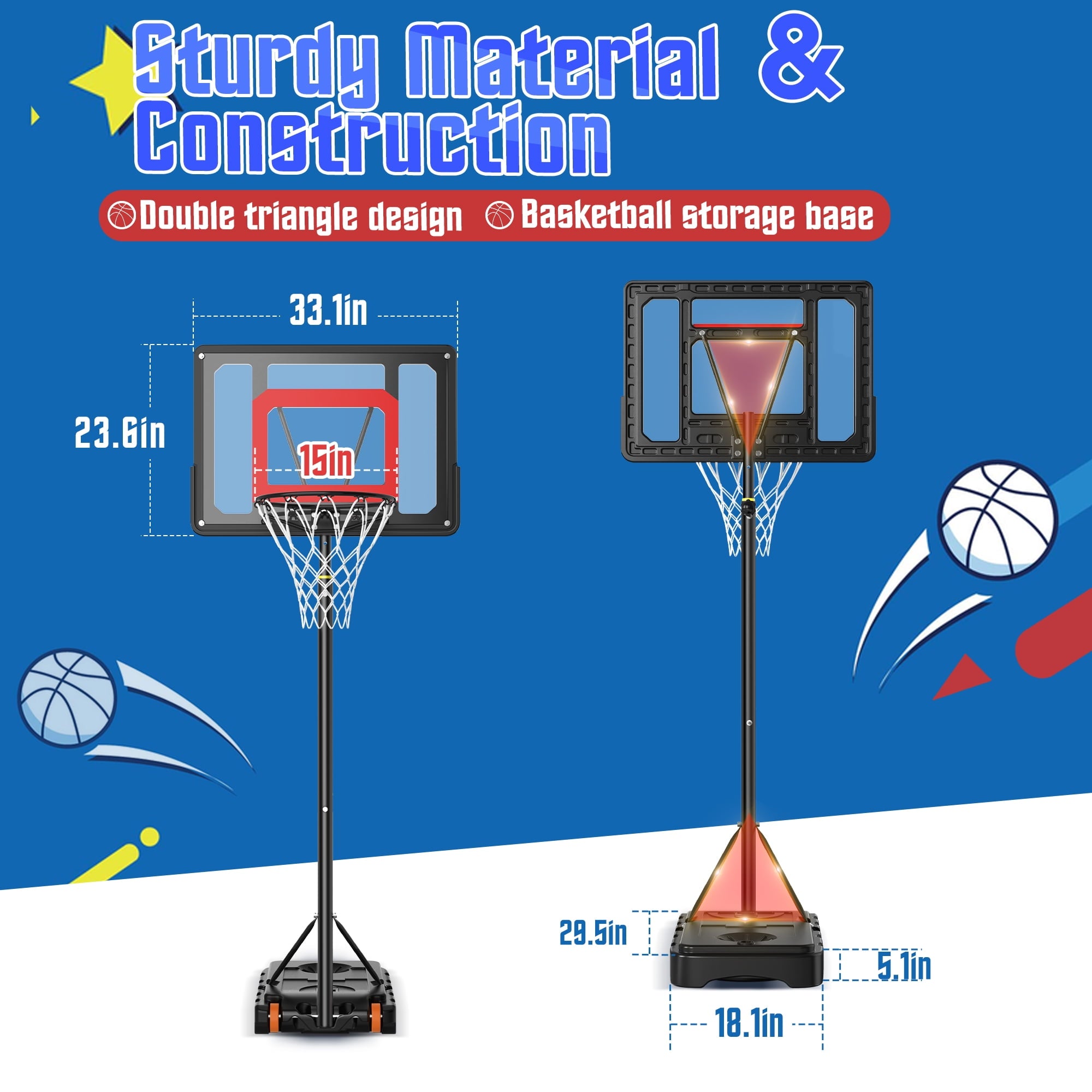 iFanze Basketball Hoop with 5ft-7ft Height Adjustable , Portable Basketball Goal System with 33" Shatterproof Backboard Base and Wheels for Kids, Indoor Outdoor, Black