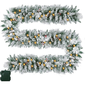 Melliful 9 FT Pre-Lit Christmas Garland with Lights for Outdoor Indoor, Lighted Pine Cone Snow Christmas Garlands with 50 LED Battery Powered String Light for Xmas Party Home Fireplace Front Decor