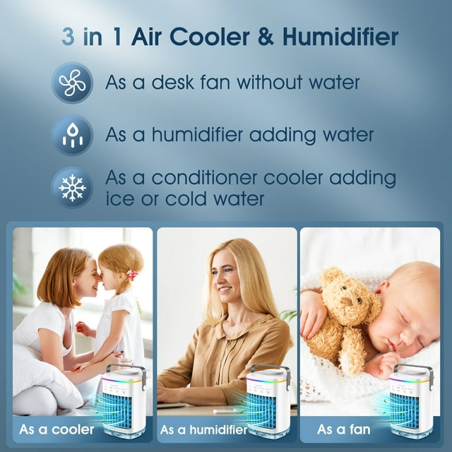 Jorocks Portable Air Conditioner Fan, 700ml Evaporative Air Cooler Fan with Cool Mist, 4 Speeds, Timer Function, 7 Colors Atmosphere Light, Personal AC Fan for Home Office Room, White