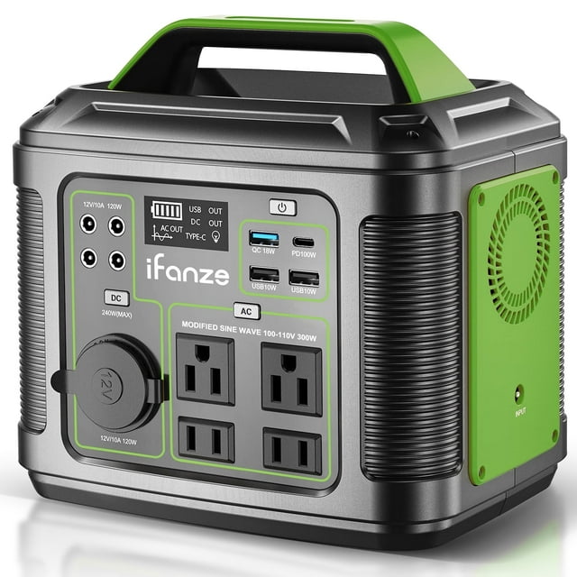 iFanze 300W Portable Power Station, 296Wh 80000mAh Outdoor Solar Generator Quick Charge 110V AC Outlets DC Ports for Home Backup, Outdoor RV Camping, Emergency Lithium Battery, Power Outages,Green