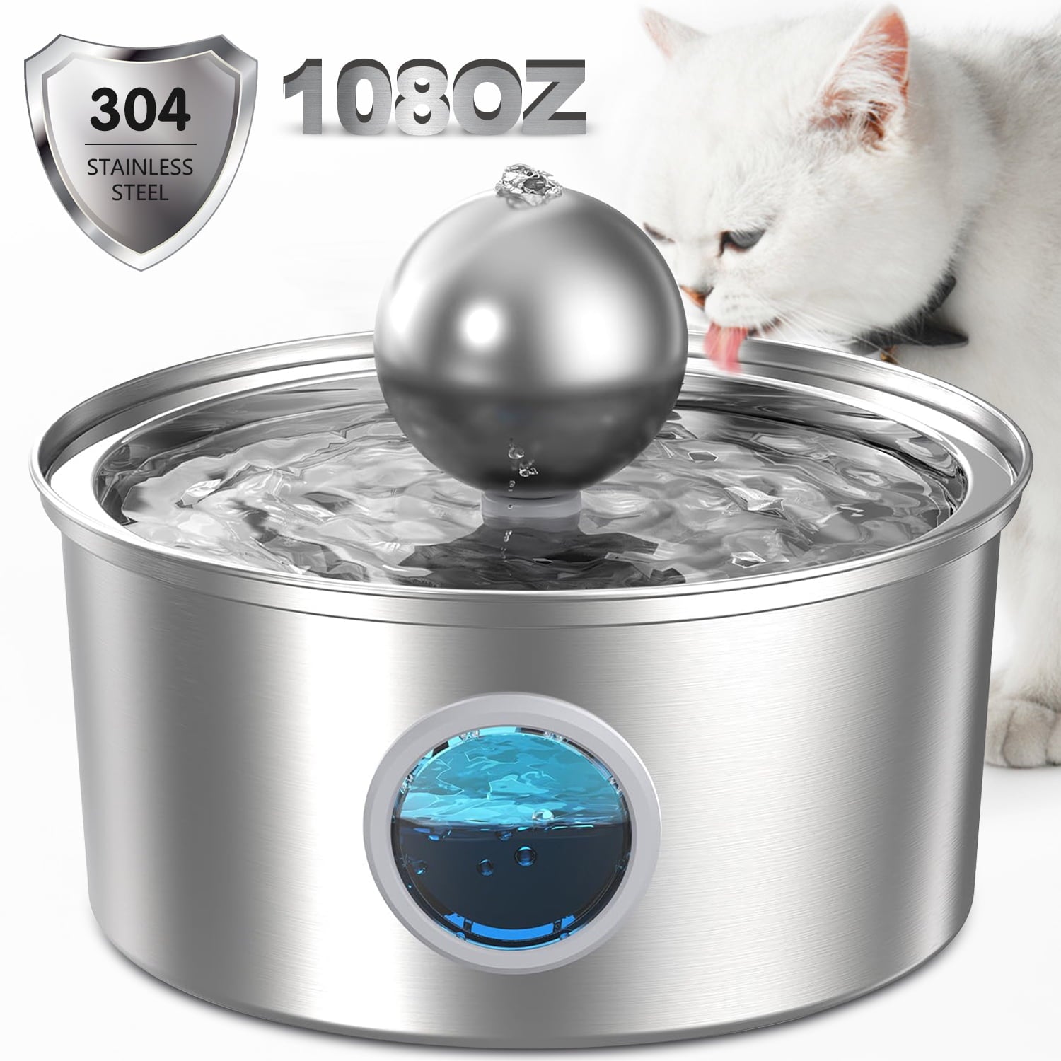 iFanze Cat Water Fountain Stainless Steel, 3.2L/108oz Stainless Steel Pet Water Drinking Fountain for Cats Indoor, Dog Water Fountain with Water Level Window