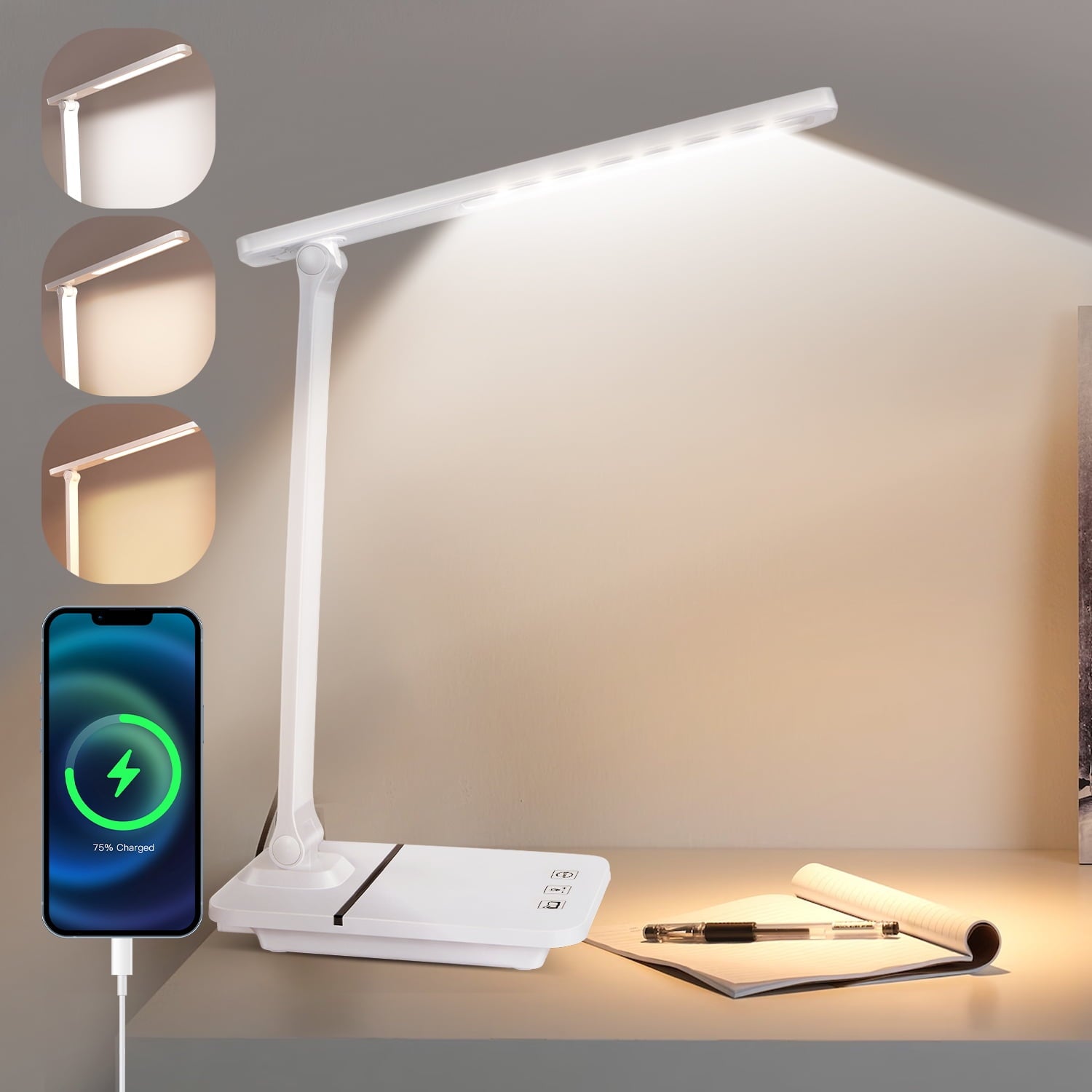 iFanze LED Desk Lamp, Eye-Caring Table Lamp 3 Color Modes with Stepless Dimming, Touch Control,Reading Mode, 2500mAh Rechargeable Battery Operated Night Light for Home Bedroom Outdoor Patio