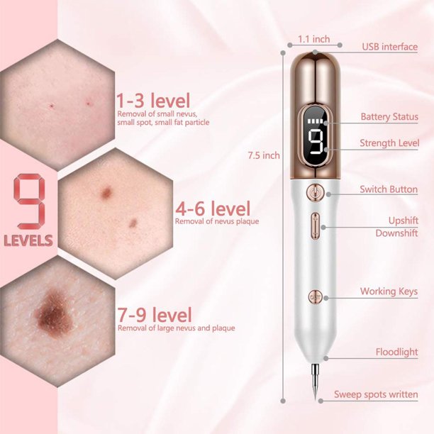 Mole Remover Pen,Skin Tag Remover Dark Spot Remover Freckle Tattoo Wart Mole Removal Tool,9 Levels Adjustable/LCD Screen