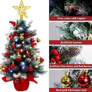 20in Pre-Lit Tabletop Artificial Christmas Tree in Green for Home, Office, Party Decoration with LED Light String, red Star Topper and Christmas Tree Ornaments set. Foldable Stand