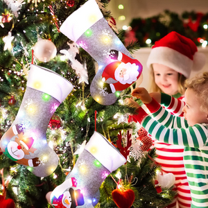 Melliful 3pcs Christmas Stockings with LED Lights, 12" Kids Gift Socks for Christmas, Twinkling Rainbow Lights Snowman Santa Elk Bear 3D Printing Xmas Candy Gift Bag, Fireplace Party Xmas Tree Decor