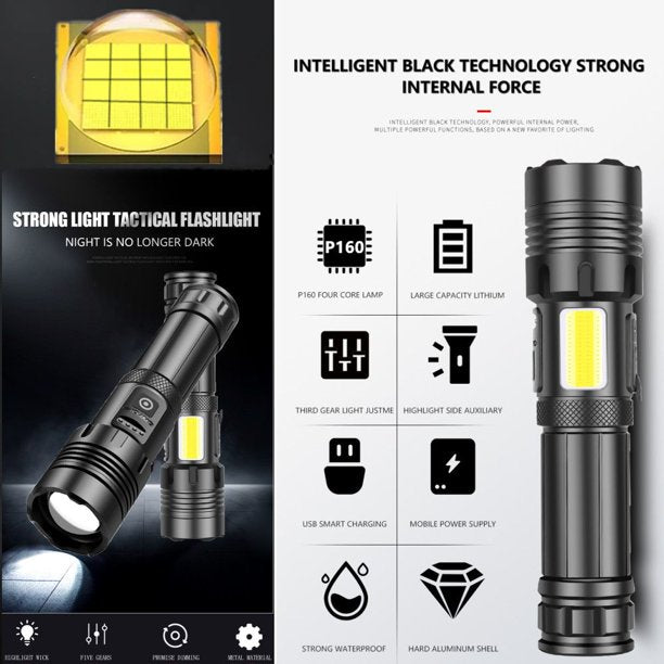 Super Bright T6 LED Flashlight USB Rechargeable Waterproof COB