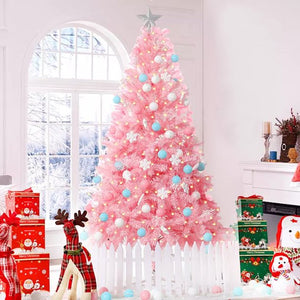 7ft Premium Flocked Artificial Pre-Lit Christmas Tree with Christmas Tree Ornaments and Star Topper Foldable Metal Stand for Xmas Holiday Home Indoor Outdoor Decoration