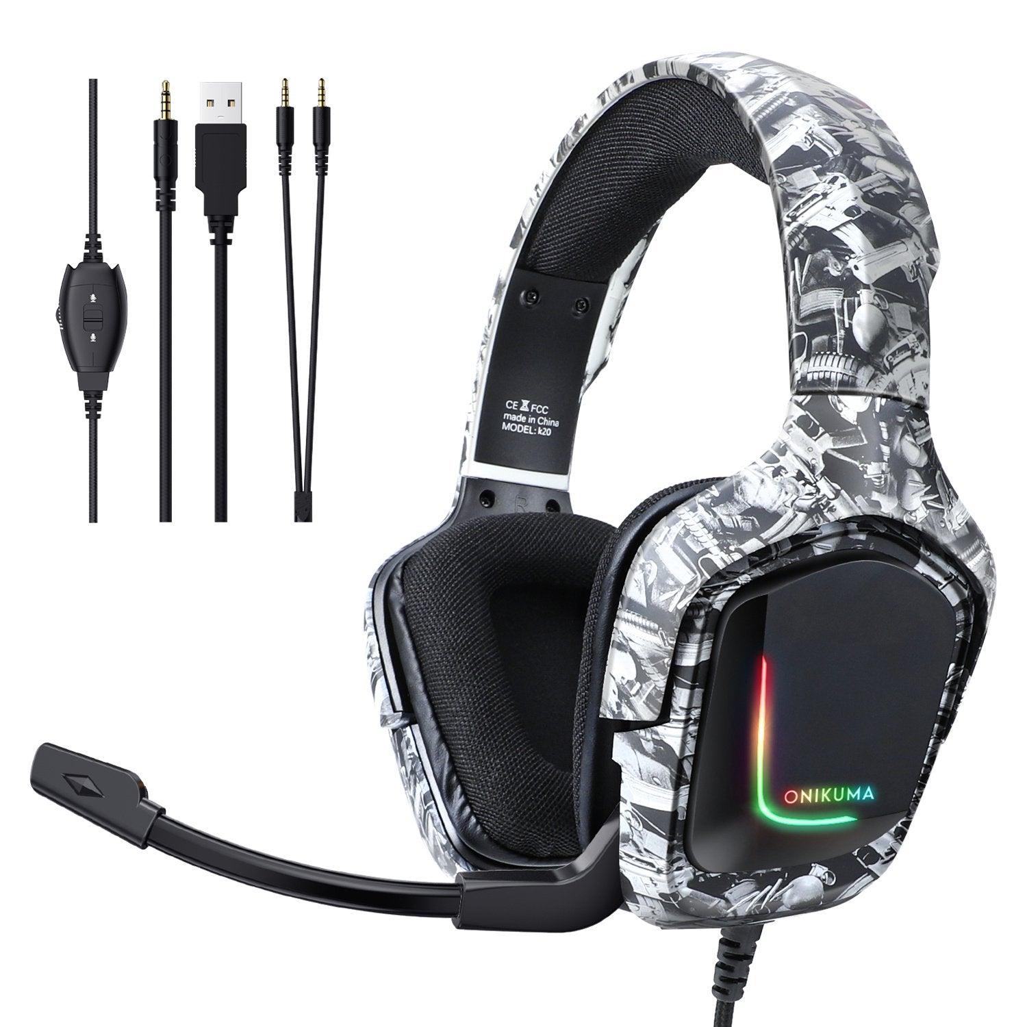 K20 Gaming Headsets for PS5 PS4 Xbox One PC Mac Mobile Gaming Headphones, ONIKUMA Camouflage Wired Headset with 3D Surround Sound and Bass Stereo, RGB Lights & Noise-Cancelling Microphone