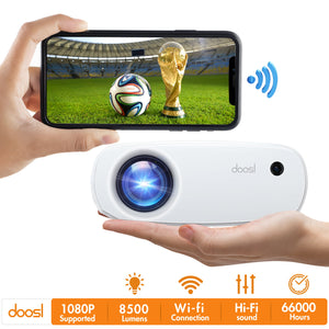 Doosl Mini WiFi Projector, 1080P Supported Home Theater Projector, 66000hours Lamp Life, Full HD 200'' Display Portable Outdoor Movie Video Projector Compatible with iOS Android , White