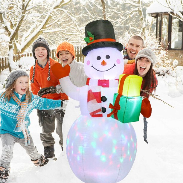 Snowman Christmas Inflatable with Present Gift Box Rotating Color LED Light Up Xmas for Blow Up Yard Decoration, Indoor Outdoor Garden Christmas Decoration, 5FT