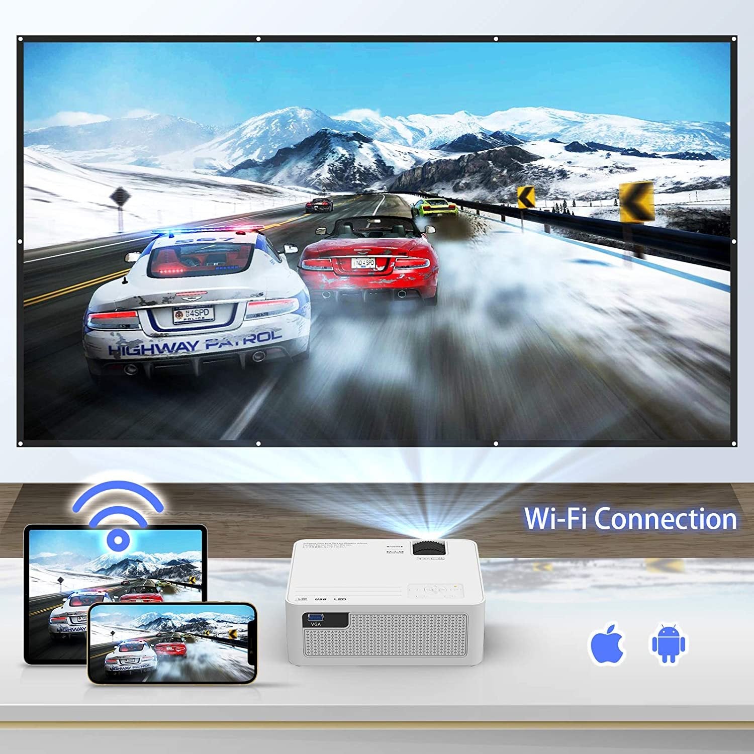DOOSL 5G Wi-Fi Projector, 14000 Lumen Native 1080P HD Portable Movie Projector with Bluetooth & Remote, 120-inch Screen Included, Sync Smartphone, Compatible with TV Stick, PS4, HDMI, VGA, Xbox