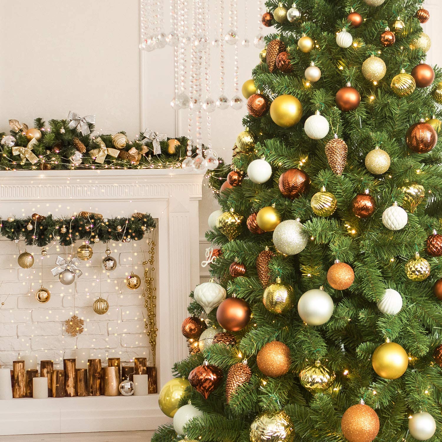 101 Pcs Christmas Balls Tree Ornaments, Shatterproof Christmas Tree Balls Decorations Set, Star Topper Baubles Hanging Ornaments for Holiday Xmas Tree Decor (Gold)