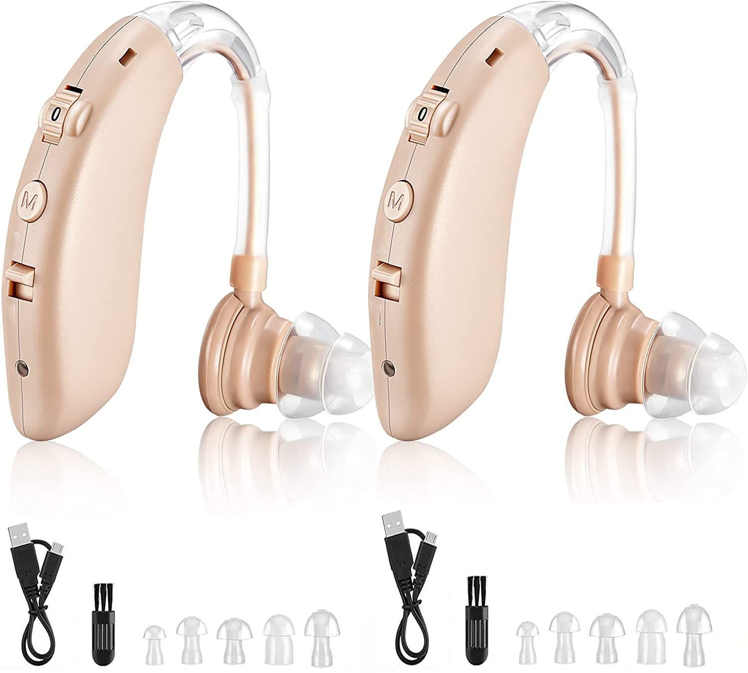 Hearing Aids for Ears, Digital Hearing Aid Amplifier, USB Rechargeable Enhances Speech and Audio Sound Amplifier, Behind-the-Ear Hearing Aids with Noise Reducing Feature, Beige, 1 Pair