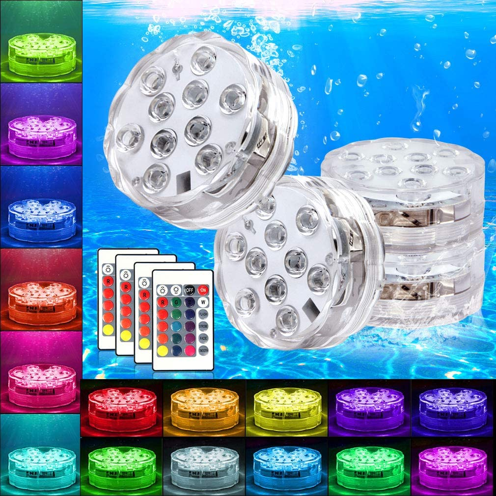 4 Pack Swimming Pool Lights for Bathtub Fountain Hot Tub Waterproof Pond Light with Remote Home Party Vase Fish Tank Halloween Decor RGB Underwater Submersible LED Lights