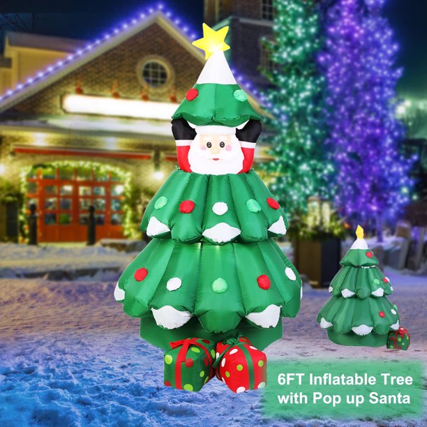 6ft Inflatable Christmas Tree, Christmas Inflatables Tree with Pop up Santa and 2 Gift Boxes LED Lights Star Treetop for Indoor Outdoor Yard Garden Christmas Decorations