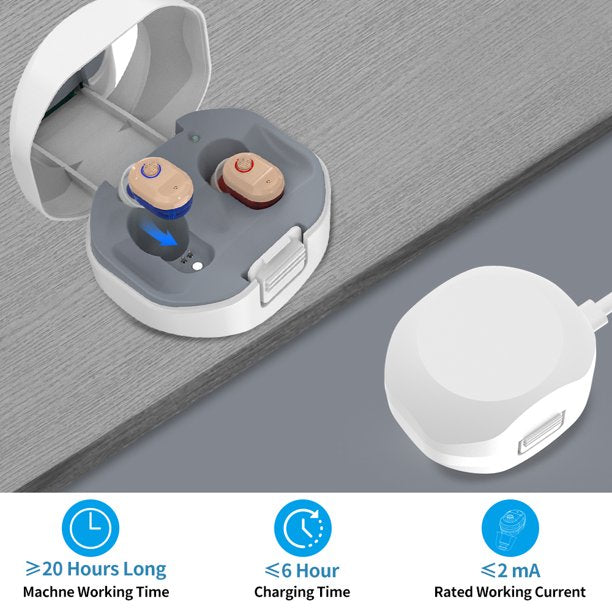 Hearing Amplifier Doosl Rechargeable Digital Personal Sound Amplifiers for Seniors, Inner-Ear Hearing aid, 2-Pack with Charging Box (White)
