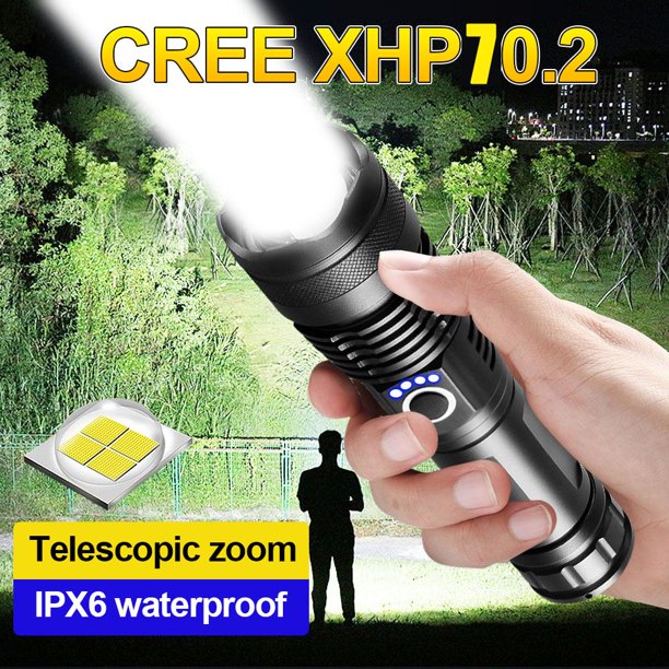 10000 Lumens Tactical Flashlight,Rechargeable Waterproof Searchlight XHP70 Super Bright Handheld Led Flashlight Tactical Flashlight 22650 Battery USB Zoom Torch for Emergency Hiking Hunting Camping