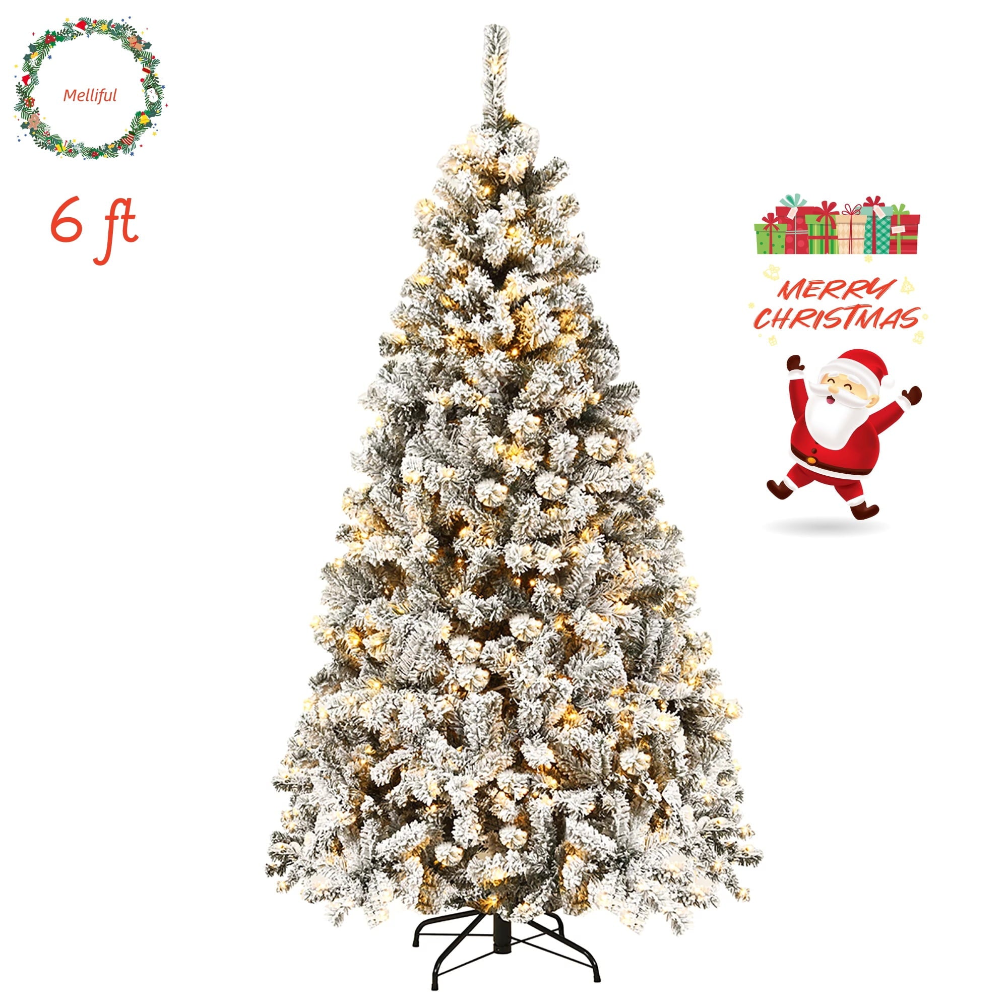 Melliful 6 ft Pre-Lit Snow Flocked Christmas Tree, Artificial Snowy Pine Tree with 100 LED Lights & Sturdy Metal Base, Ideal for Home Office Party Xmas Holiday Decorations