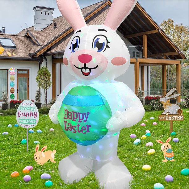 6FT Easter Inflatable Bunny with Egg, Blow up with LED Lights Indoor Outdoor Party Yard Decorations