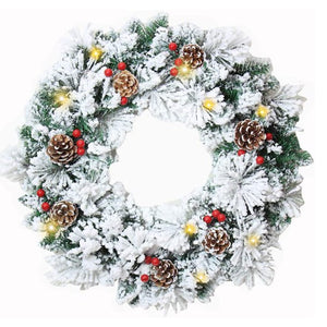 Artificial Christmas Wreath Pre-Lit Garlands, Green, Spruce, Lights, Pine Cones, Berry Clusters, Frosted Branches, Christmas Collection, Xmas Decor for Front Door Mantel Wall Window, 24 inches