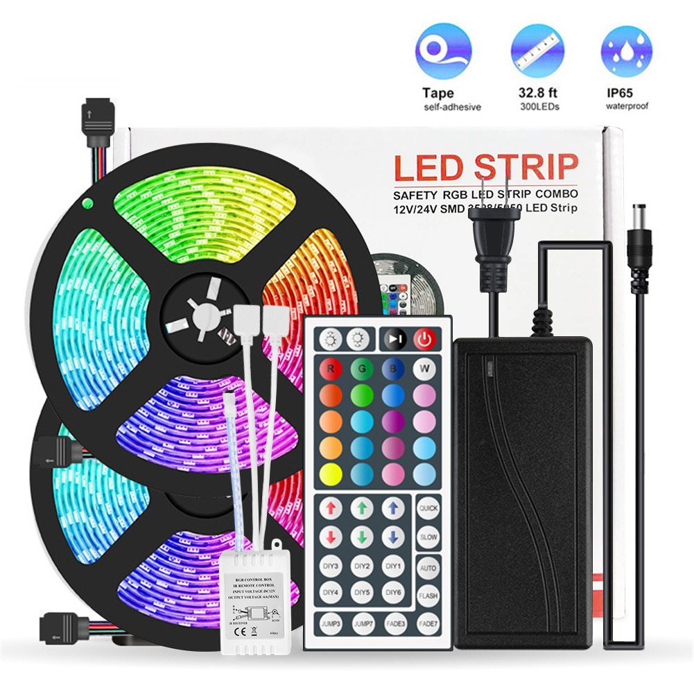 LED Strip Light 32.8ft RGB Color Changing IR Controller 44 Keys IR Remote IP65 Waterproof 300 LEDs 12V Power Supply with Adapter for Room,Bedroom and Xmas